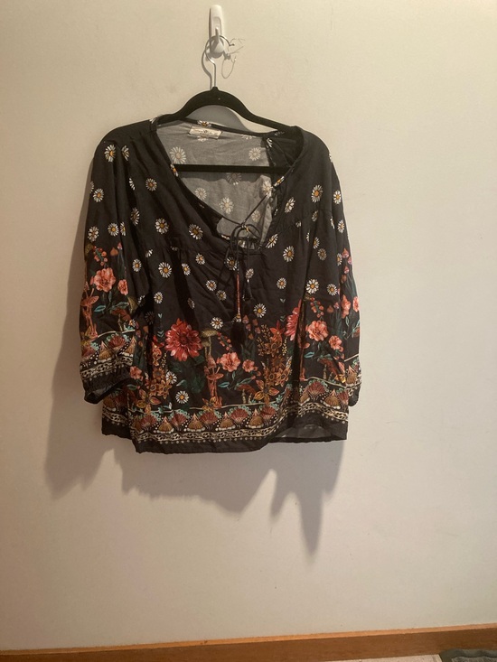 NATURAL LIFE Tops - NATURAL LIFE Black Floral Lace-Up Boho Tunic with Multicolor Flowers